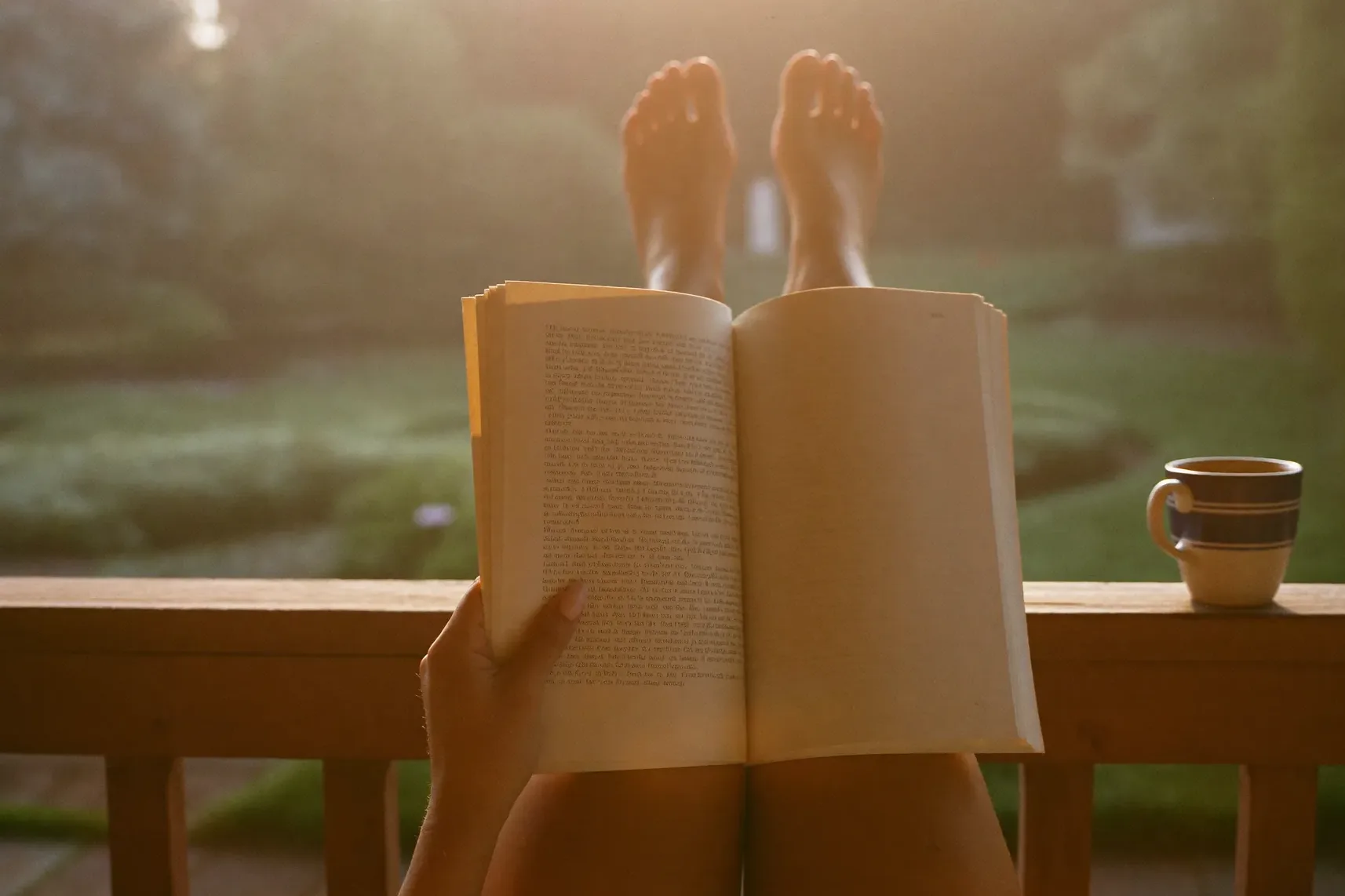 A reader with printed pages and coffee, feet up on a porch railing
